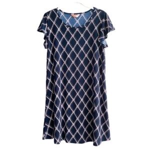 SJS Flutter Sleeve Dress Flowing Floral Shift Lattice Print Navy Blue Size MP